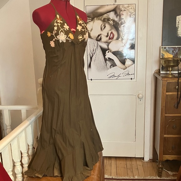 Dresses & Skirts - Vintage Chocolate Brown Halter Maxi Dress Embroidered Floral & Butterfly Detail